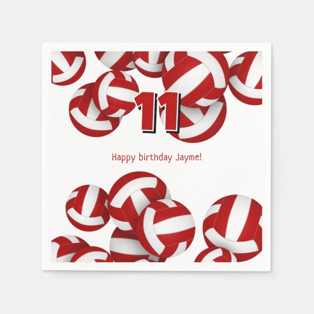 red volleyballs girls boys birthday party napkin (Front)