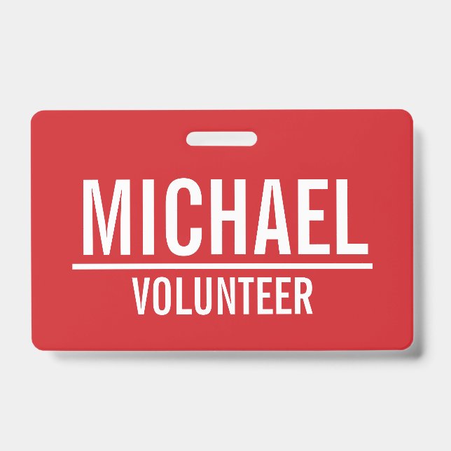 Red Volunteer Badge with Custom Name ID Badge (Front)