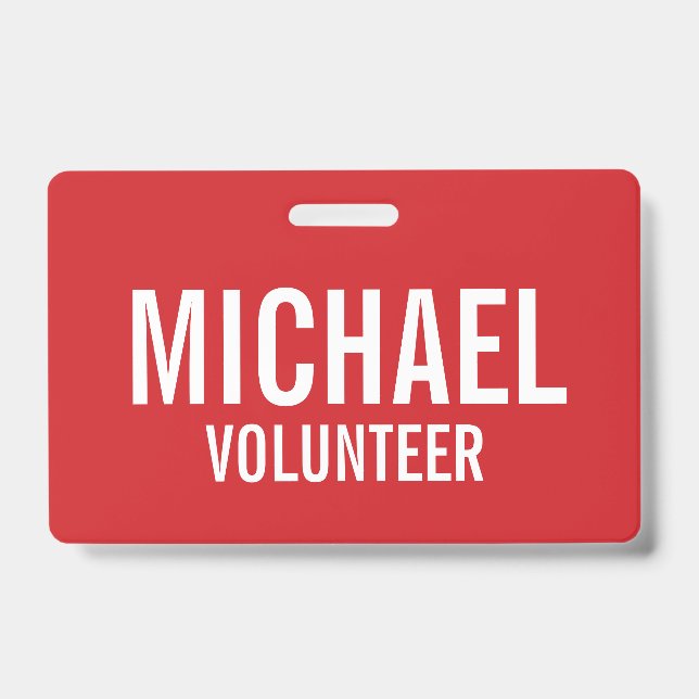 Red Volunteer Badge with Custom Name ID Badge (Front)