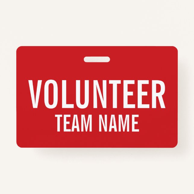Red Volunteer Badge with Custom Team Name ID Badge (Front)