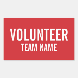 Red Volunteer Badge with Custom Team Name Rectangular Sticker