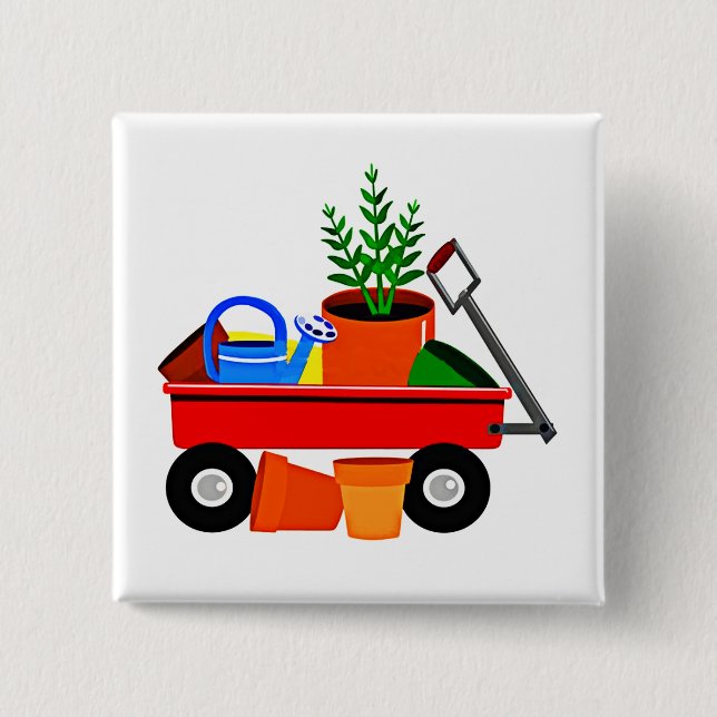 Red Wagon with Plants & Garden Tools 15 Cm Square Badge (Front)