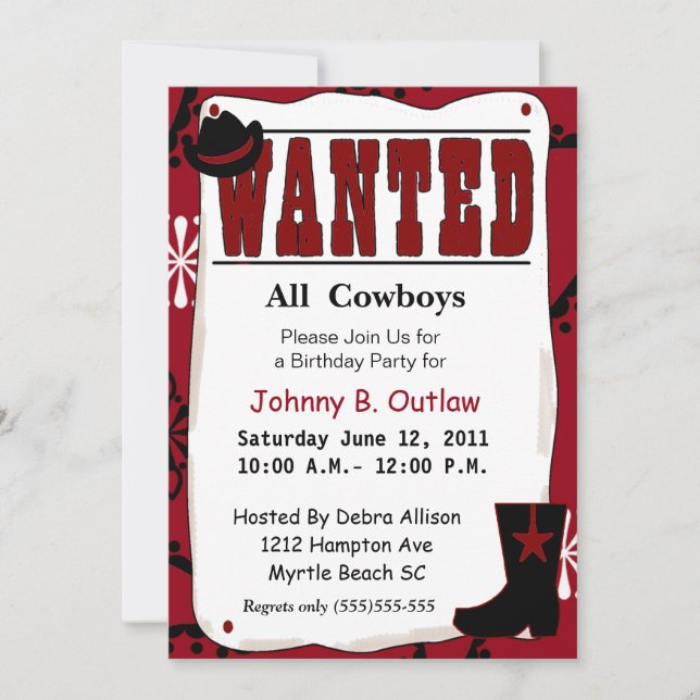 Red  Wanted Poster Birthday Invitation (Front)