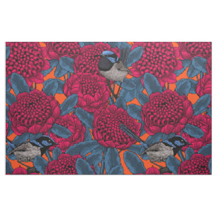 Red waratah and fairy wrens fabric