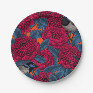 Red waratah and fairy wrens paper plate