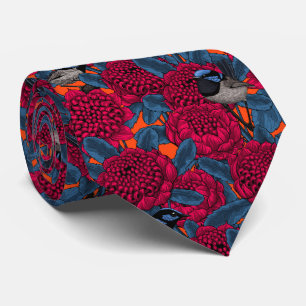 Red waratah and fairy wrens tie