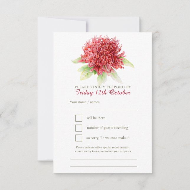 Red waratah floral watercolor wedding RSVP Card (Front)