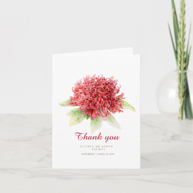 Red waratah flower art wedding thank you card (Front)