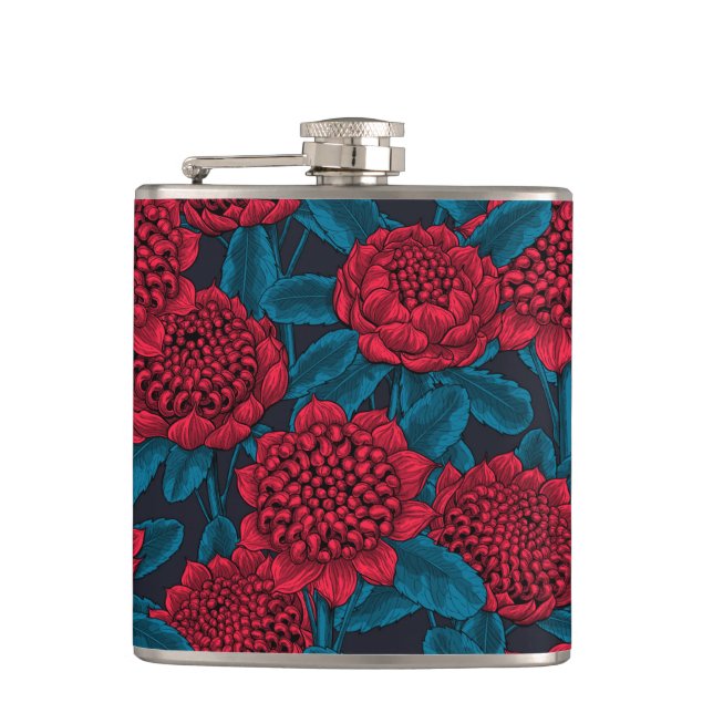 Red waratah flowers hip flask (Front)