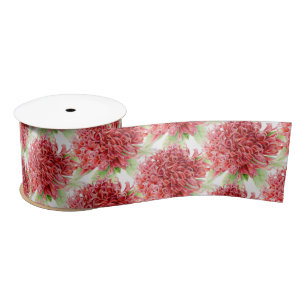 Red waratah green white floral art ribbon satin ribbon