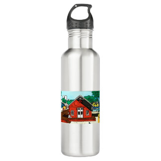 Red warehouse shed on the railroad 710 ml water bottle