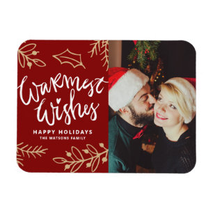 Red Warmest Wishes Calligraphy Christmas Photo Magnet
