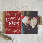Red Warmest Wishes Modern Calligraphy Photo<br><div class="desc">Send your warmest wishes to friends and family with this customisable Christmas card. This photo holiday card features modern calligraphy with foliage accents. Personalise by adding your details. This custom Christmas card is available in other colours and cardstock. Matching items are available.</div>
