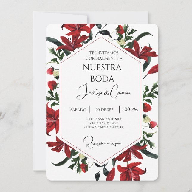 Red water colour flower Spanish Wedding Invitation (Front)