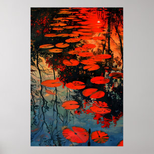 Red Water Lilies Pond Art Print Abstract Sunset