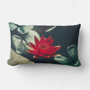 Red Water Lily Green Plants Cushion Throw Pillow