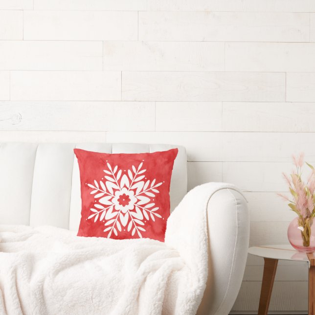 Red Watercolor Abstract Snowflake Cushion (Couch)