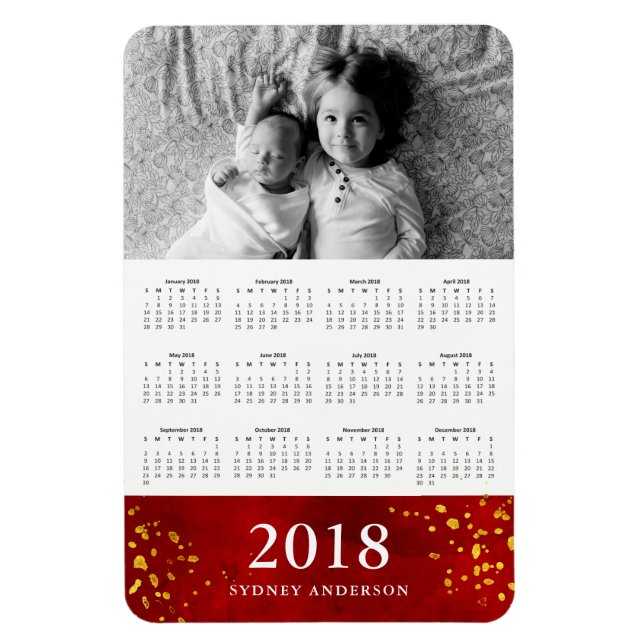 Red Watercolor and Gold | 2018 Photo Calendar Magnet (Vertical)