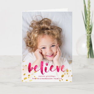 Red Watercolor and Gold Believe Photo Holiday Card