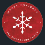 Red Watercolor and White Snowflake | Christmas Classic Round Sticker<br><div class="desc">These trendy and stylish Christmas stickers say "happy holidays" on a deep red watercolor background,  with a festive white snowflake.</div>