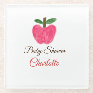 Red Watercolor apple baby shower add name title Glass Coaster