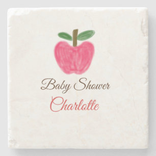 Red Watercolor apple baby shower add name title Stone Coaster