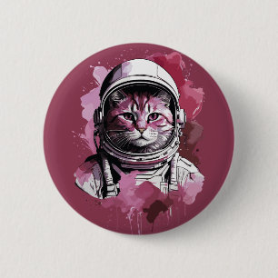 Red Watercolor Astronaut Cat 6 Cm Round Badge