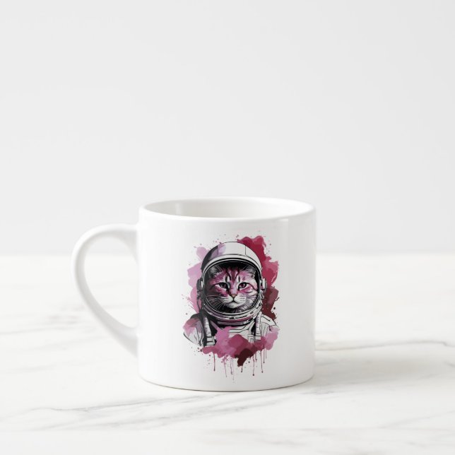 Red Watercolor Astronaut Cat Espresso Cup (Left)