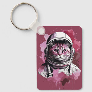 Red Watercolor Astronaut Cat Key Ring