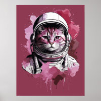 Red Watercolor Astronaut Cat