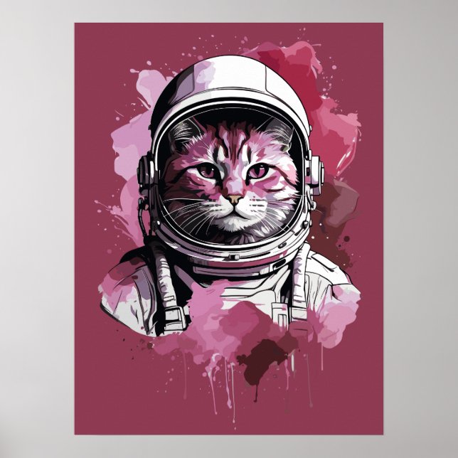 Red Watercolor Astronaut Cat Poster (Front)