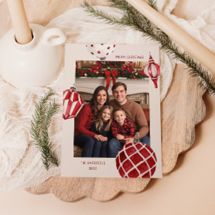 Red Watercolor Baubles Photo Holiday Card