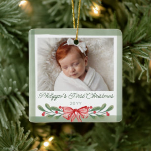 Red Watercolor Berries Bow Baby's First Christmas Ceramic Ornament