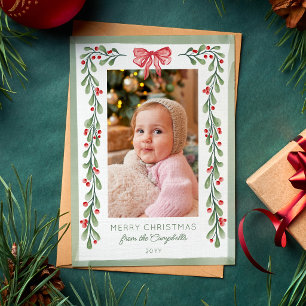Red Watercolor Berries Bow Photo Merry Christmas Holiday Card
