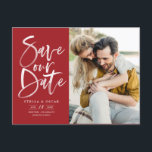 Red Watercolor Brush Calligraphy Save Our Date Announcement Postcard<br><div class="desc">Red Watercolor Brush Calligraphy Photo Save Our Date Postcard | Announce to family and friends your wedding date with this customisable save the date postcard. It features hand-lettered modern calligraphy in a red background. This stylish photo save the date card is perfect for any wedding season and theme. Other colours...</div>