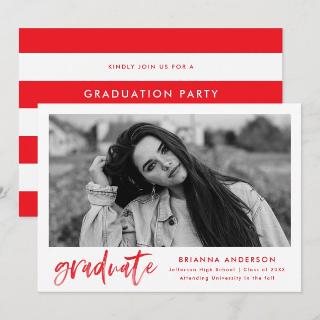 Red Watercolor Brush Script Graduation Party Invitation (Front/Back)