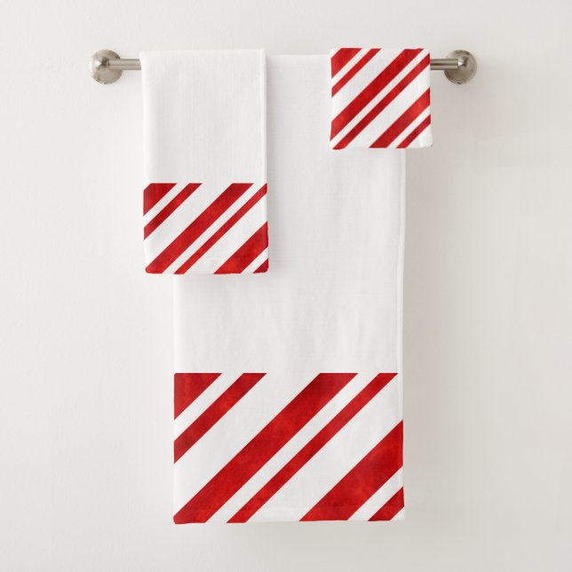 Red Watercolor Candy Cane Stripes Bath Towel Set (Insitu)