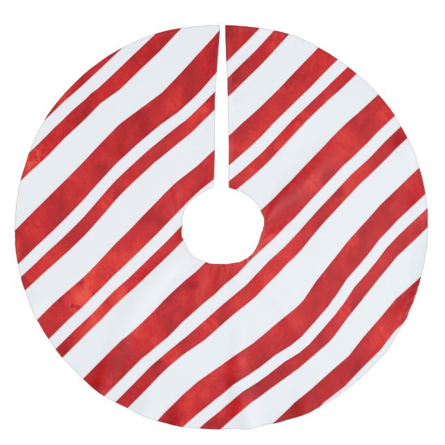 Red Watercolor Candy Cane Stripes Brushed Polyester Tree Skirt (Front)