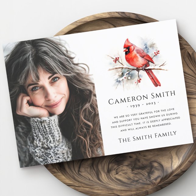 Red watercolor cardinal funeral sympathy photo thank you card (Red watercolor cardinal funeral sympathy photo thank you card)