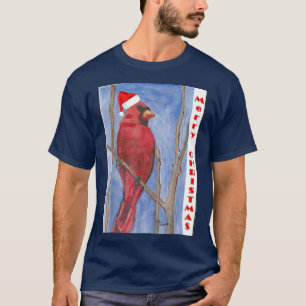 Red Watercolor Cardinal Merry Christmas Design T-Shirt