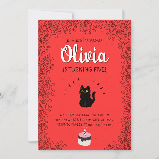 Red Watercolor Cat Birthday Celebration  Invitation (Front)