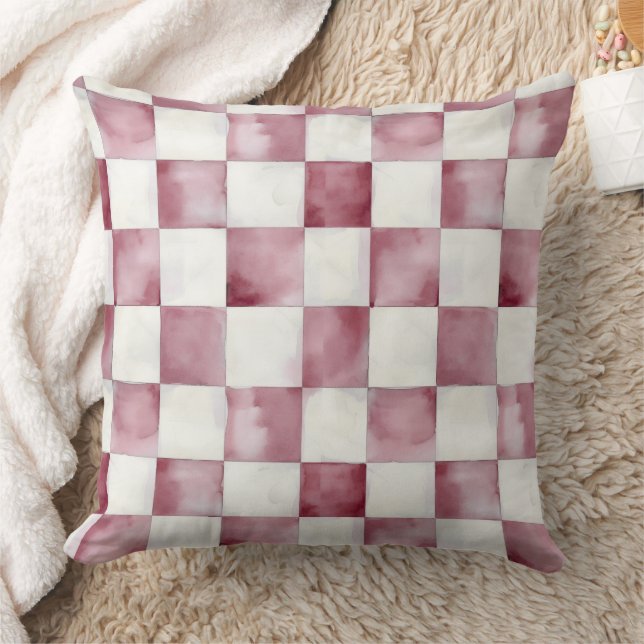 Red Watercolor Chequered Decorative Throw Pillow  (Blanket)