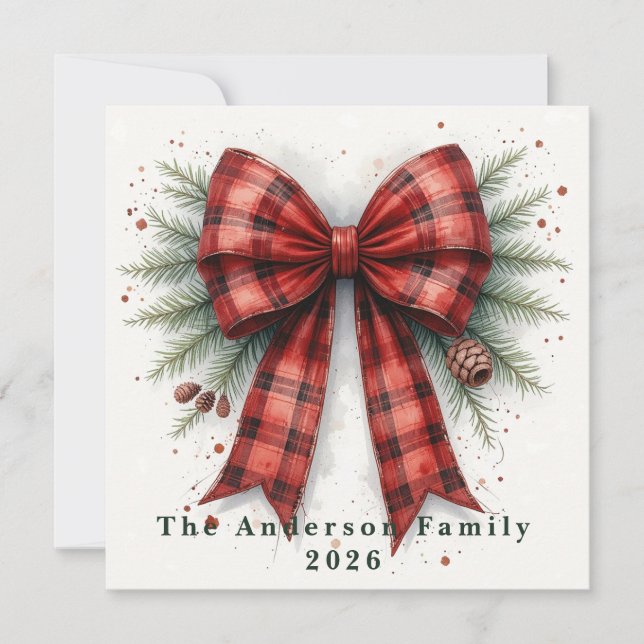 Red Watercolor Christmas Bow Holiday Card (Front)