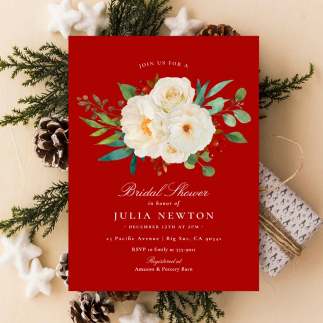 Red Watercolor Christmas Floral Bridal Shower Invitation (Creator Uploaded)
