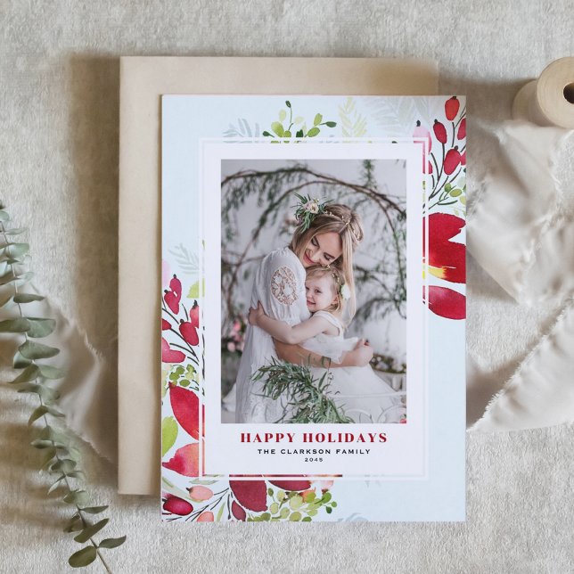 Red Watercolor Christmas Flowers Photo Holiday Card (Customizable photo holiday card featuring watercolor red red poinsettia and greenery)