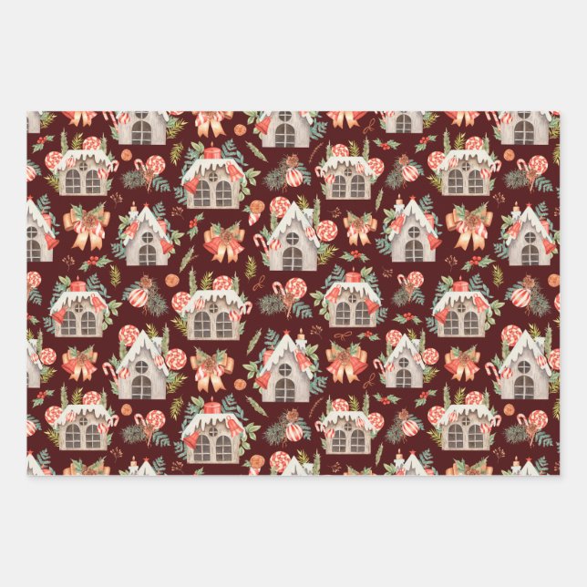 Red Watercolor Christmas Houses Seamless Pattern Wrapping Paper Sheet (Front)