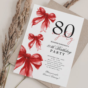 Red Watercolor Coquette Bow 80th Birthday Invitation