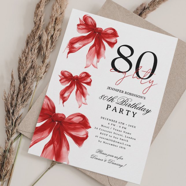 Red Watercolor Coquette Bow 80th Birthday  Invitation (Creator Uploaded)