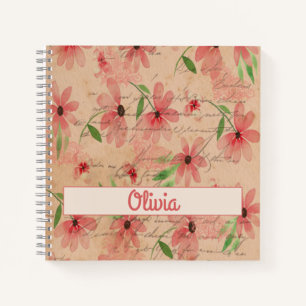 Red Watercolor Daisy Field Vintage  Notebook