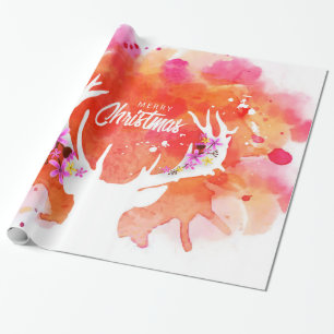 Red Watercolor Deer Merry Christmas Wrapping Paper